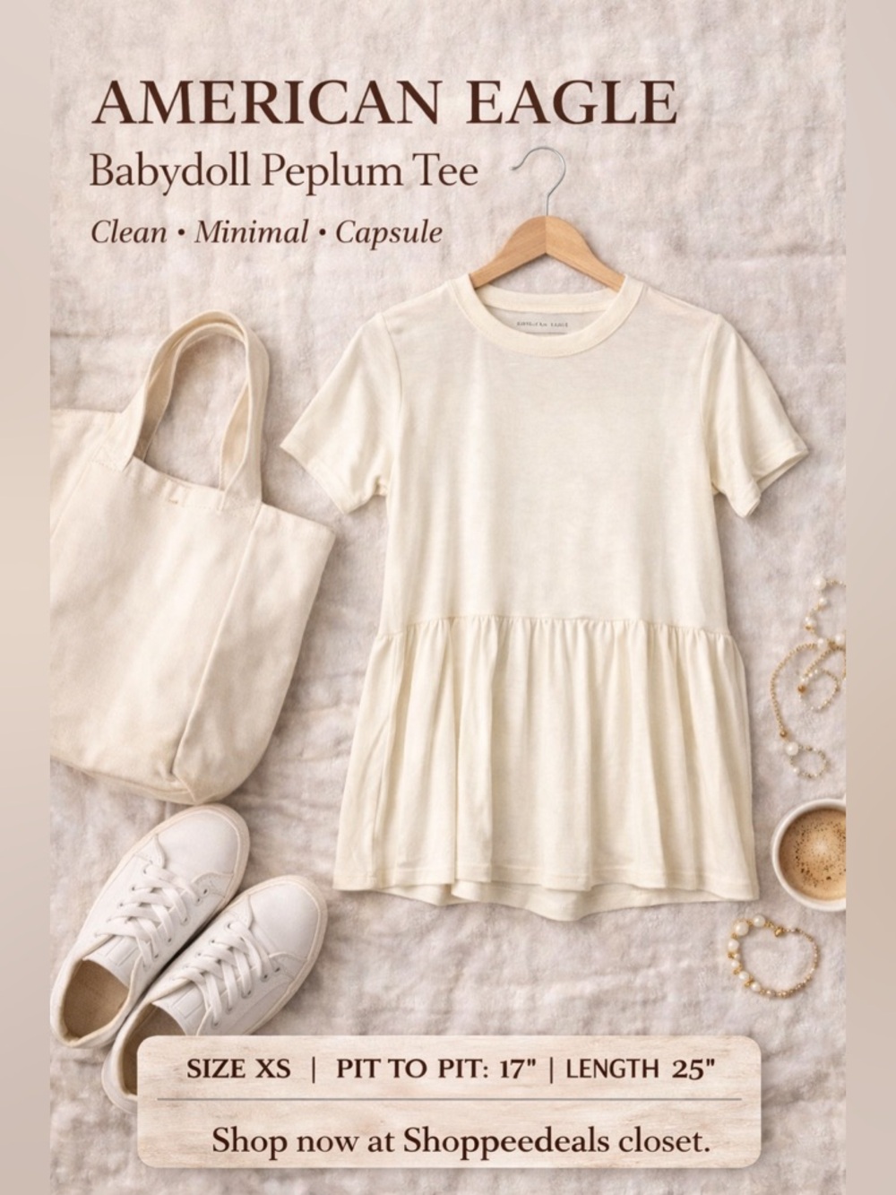 American Eagle Babydoll Peplum Tee Cream Short Sleeve Top